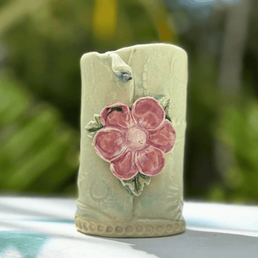 Handmade blue crackle glaze floral bud vase Sunshine Coast ceramics