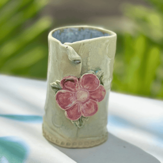 Pink blossom ceramic bud vase with translucent crackle glaze