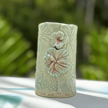 Beach vibes only coastal ceramic bud vase with hibiscus flower