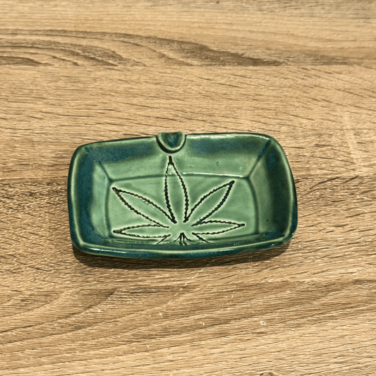 green handmade ceramic weed ashtray. quirky handmade ceramics