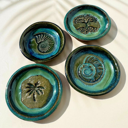 Coastal ceramic ring dish handmade on the Sunshine Coast with shell and palm impressions