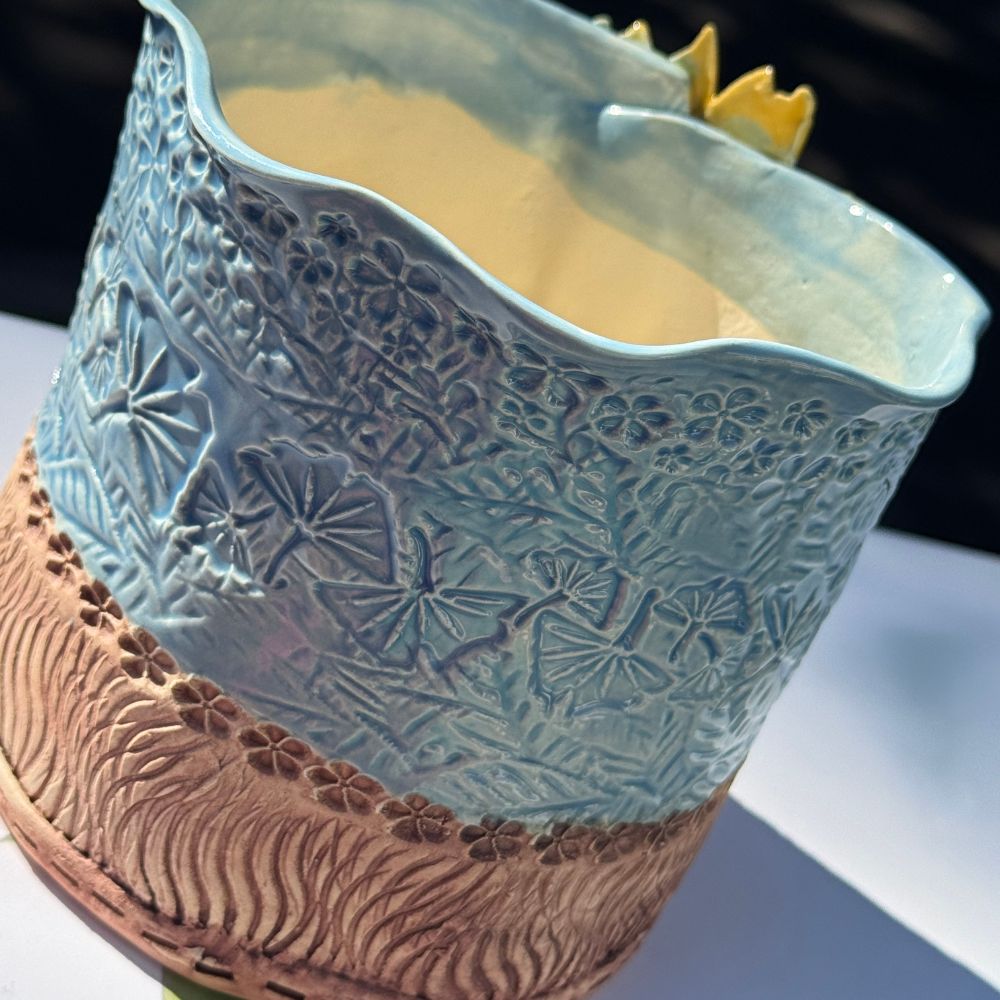 Sky Blue Sun-Kissed Sunflower Ceramic Planter. Hand-Made Sunshine Pot-Tree