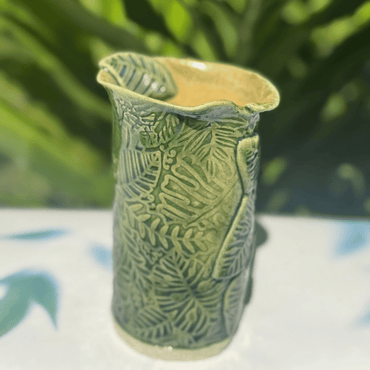 green handmade jungle leaf ceramic vase narrow tall botanical vase