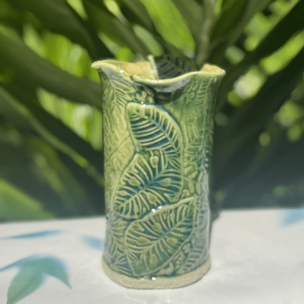 handmade jungle leaf ceramic vase narrow tall botanical vase