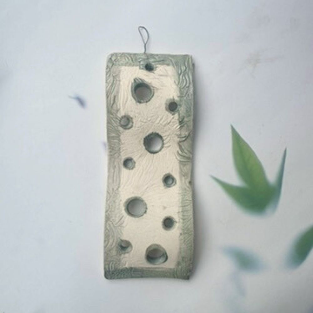 A rectangular air plant holders with hole patterns on a light background