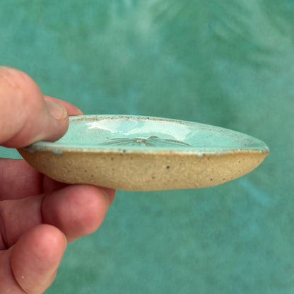 Hand holding a small turquoise ceramic incense holder with sand dollar center against a teal background