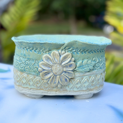 Handmade quirky ceramic planter with flower detail