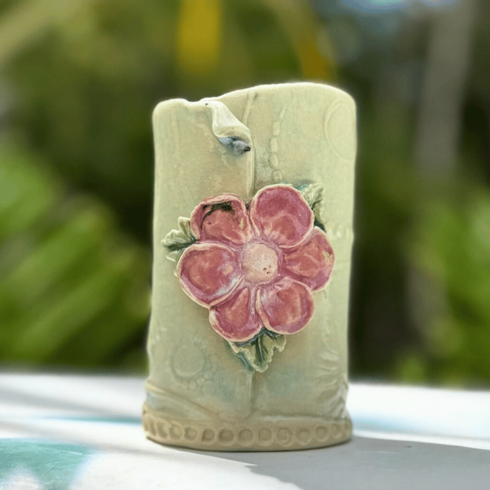 Handmade blue crackle glaze floral bud vase Sunshine Coast ceramics