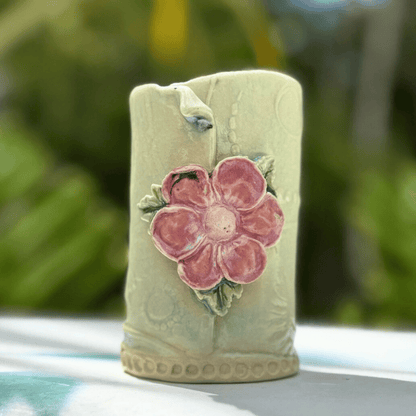 Handmade blue crackle glaze floral bud vase Sunshine Coast ceramics