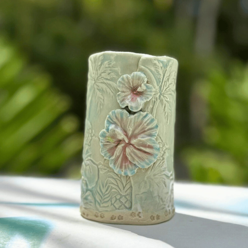 Beach vibes only coastal ceramic bud vase with hibiscus flower