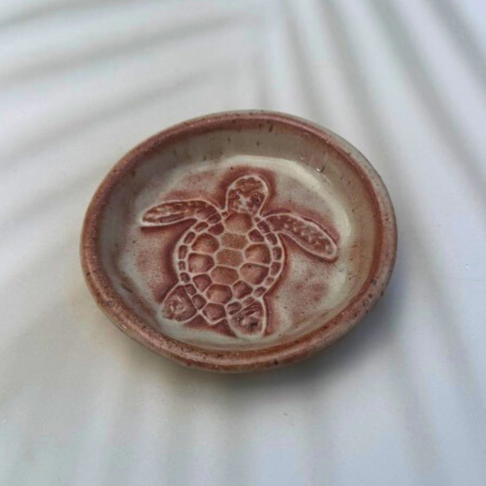 Ceramic dish with a turtle design on a white background