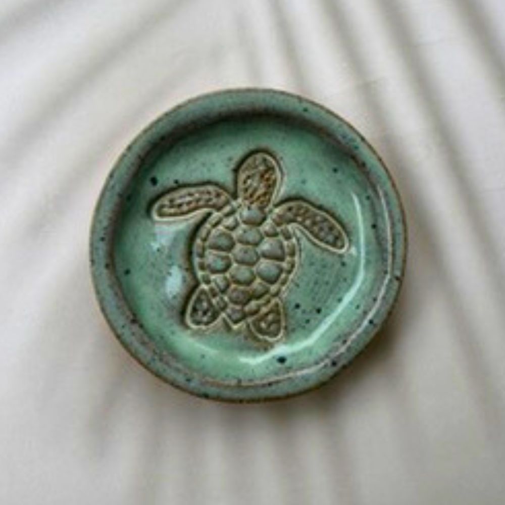 Ceramic plate with a turtle design on a white background