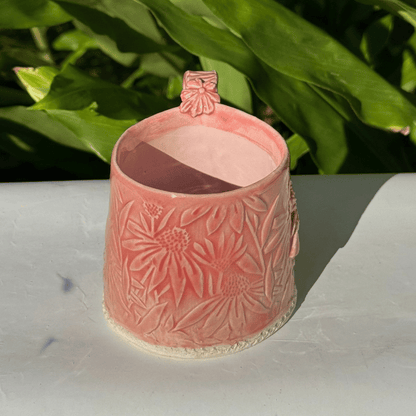 Pink ceramic hand made mug with floral patterns made in Australia