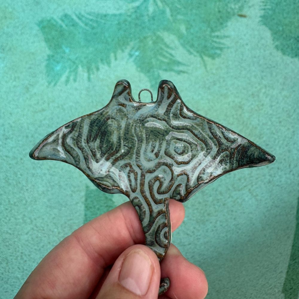 Hand holding a decorative stingray ornament against a teal background
