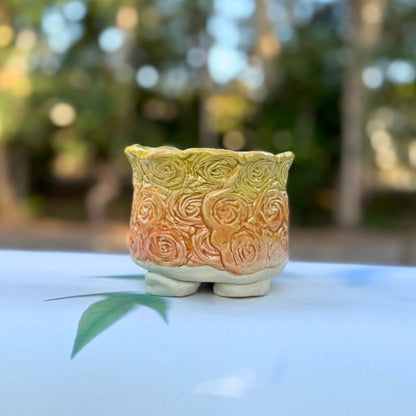 Decorative ceramic pot with floral patterns on a reflective surface with a blurred natural background