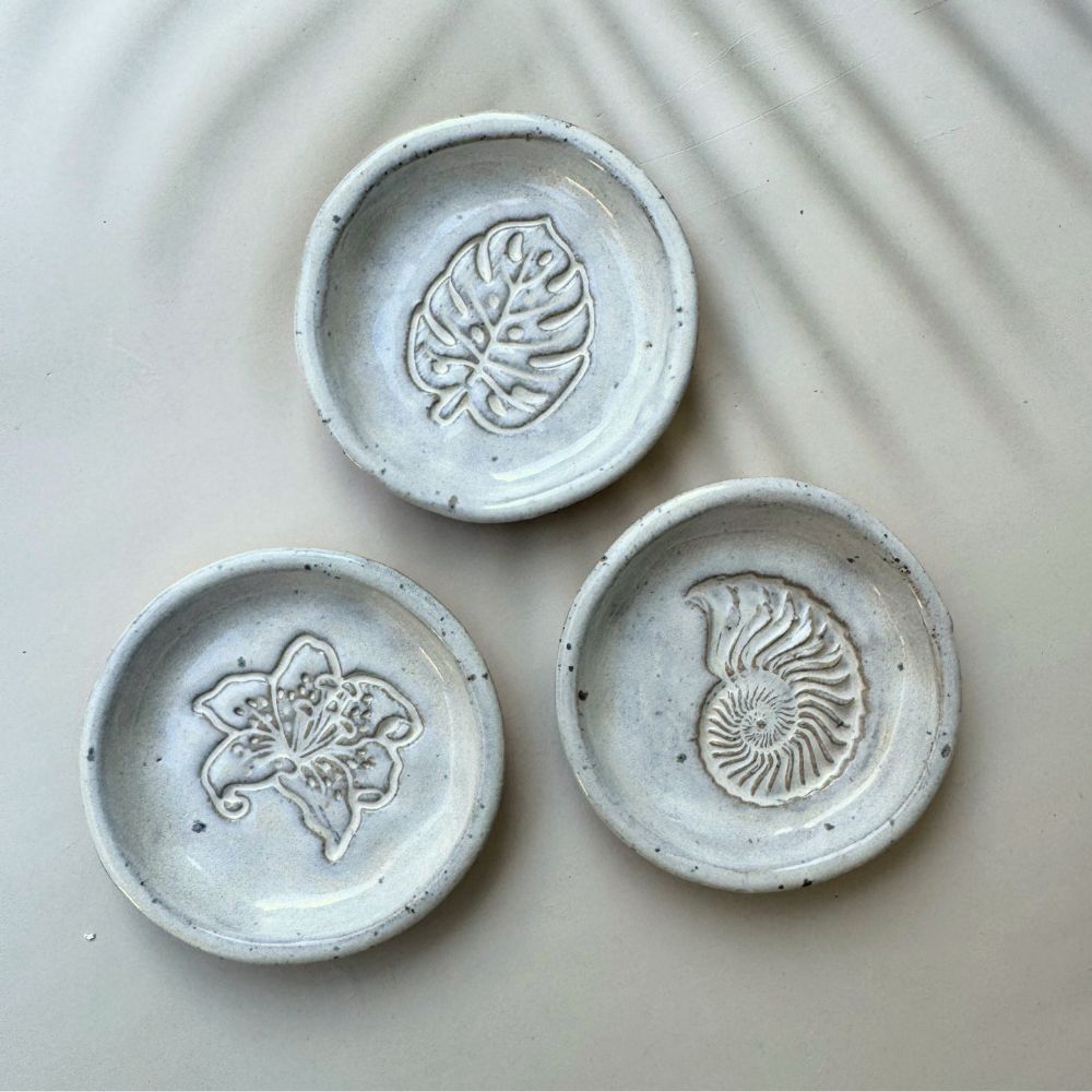 three coastal inspired ring dishes in pearl glaze