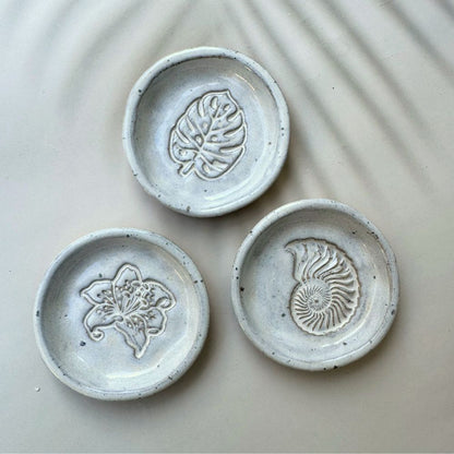 three coastal inspired ring dishes in pearl glaze