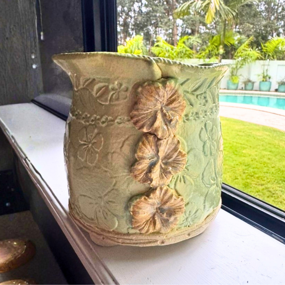 Handmade mint green hibiscus ceramic planter sunshine pot-tree australia