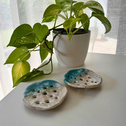 Two ceramic lotus-shaped soap dishes with a green plant on a white surface.