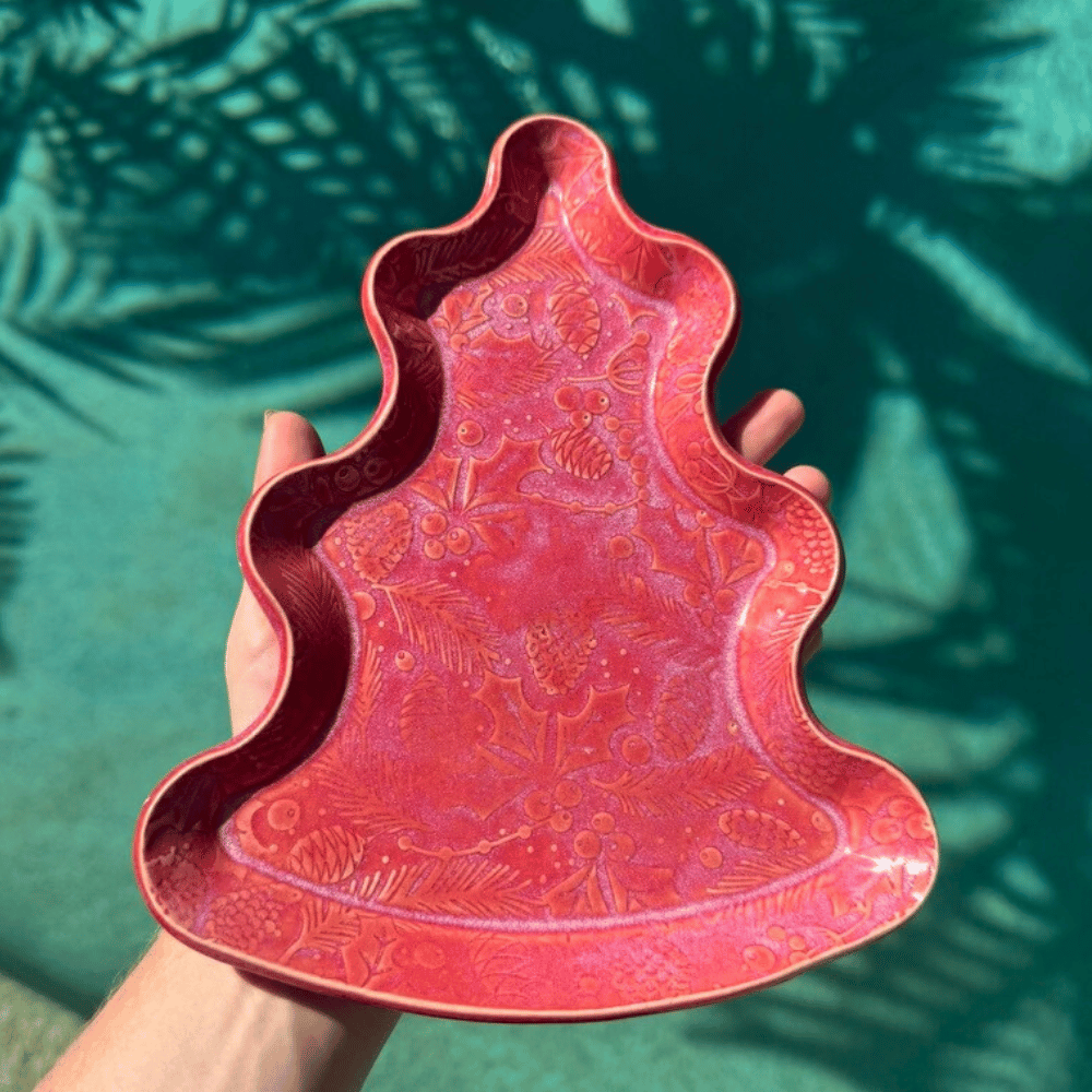 A textured red Christmas Tree plate - handmade ceramics Sunshine Coast by Sunshine Pot-Tree