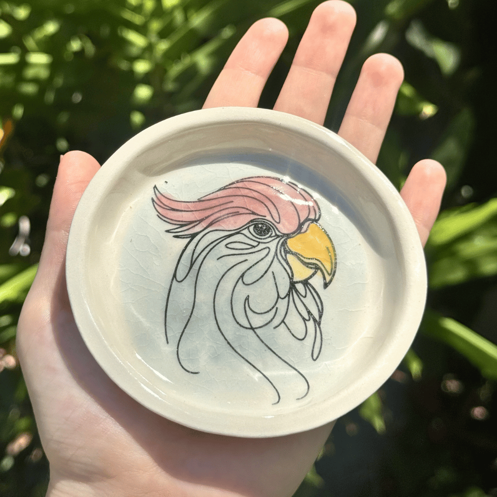 Hand holding a small round ring dish with a cockatoo illustration against a green leafy background