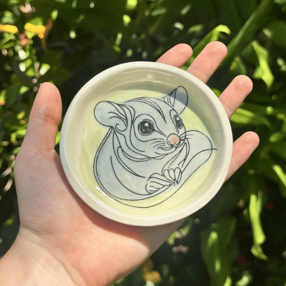 Hand holding a trinket dish with a sugar glider illustration against a green leafy background
