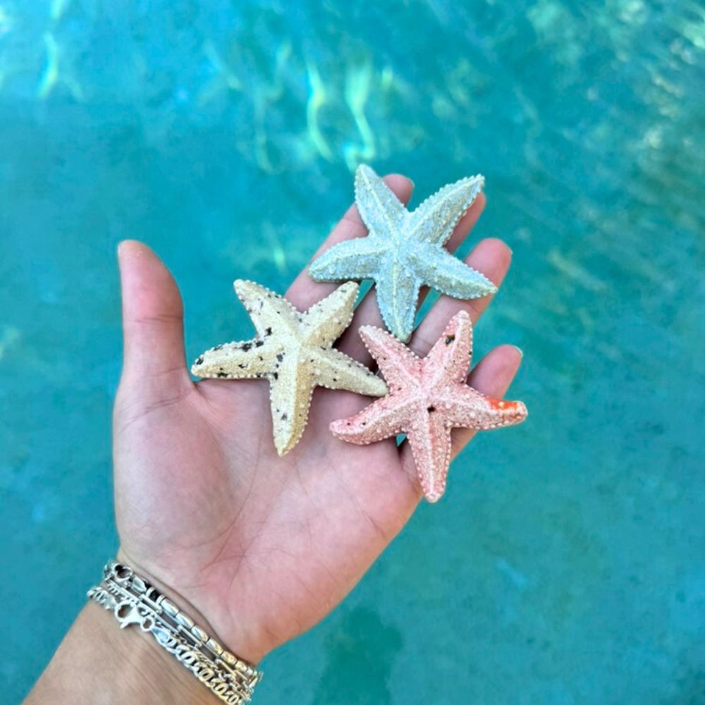 Three ceramic tarfish held in a hand with a turquoise water background