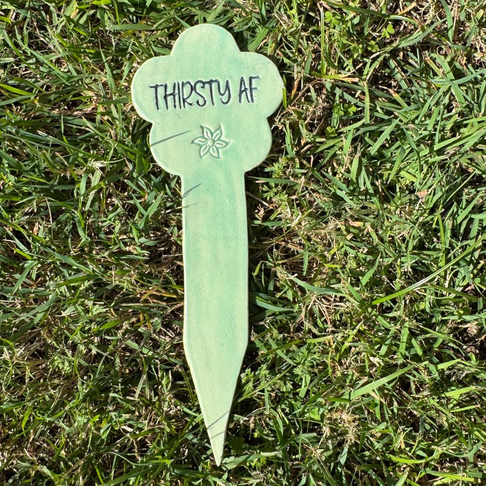 Green plant label with 'THIRSTY AF' text on grass