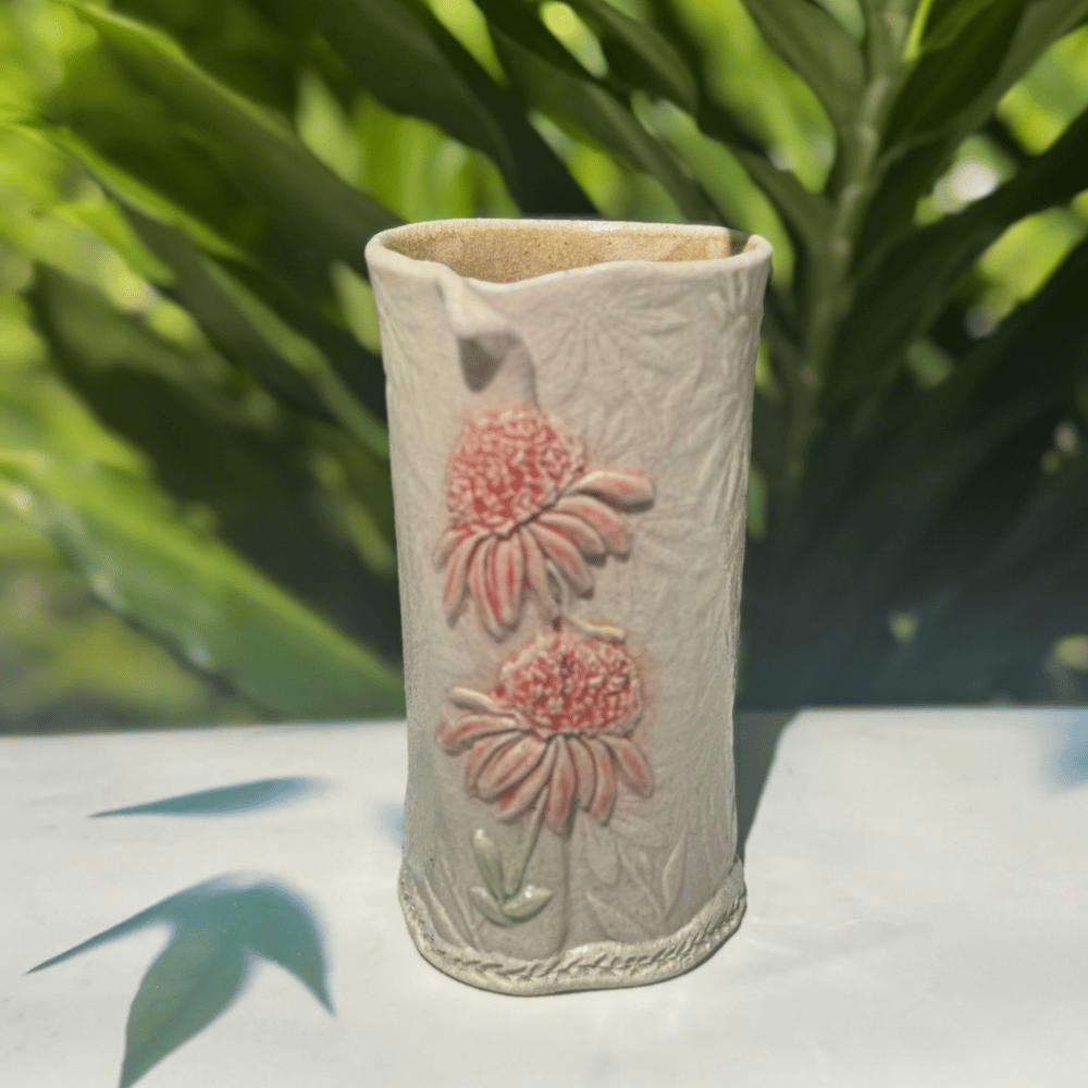 Handmade ceramic vase Sunshine Coast Australia pink coneflower pottery