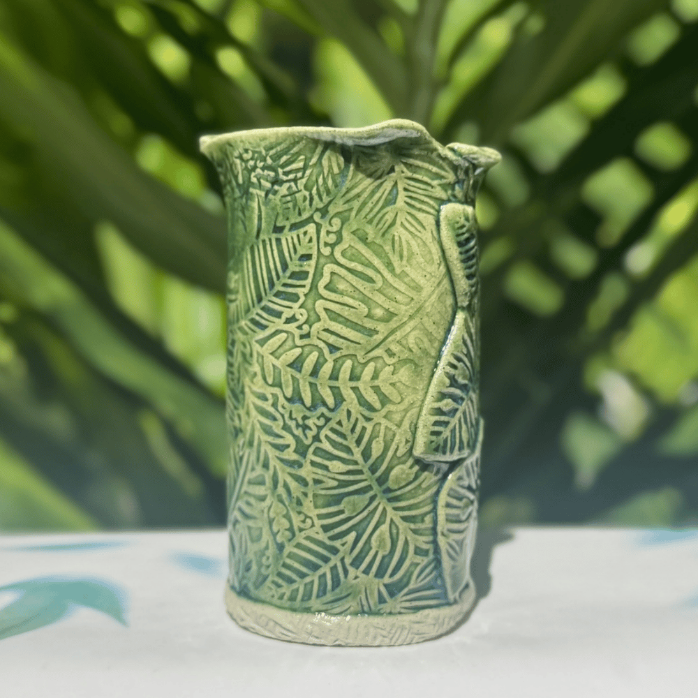 green handmade jungle leaf ceramic vase narrow tall botanical vase