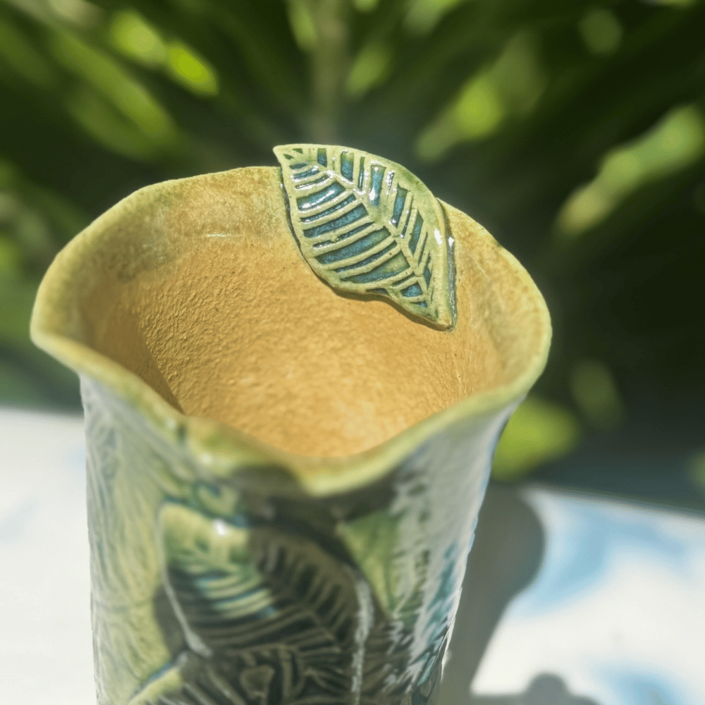 green handmade jungle leaf ceramic vase narrow tall botanical vase