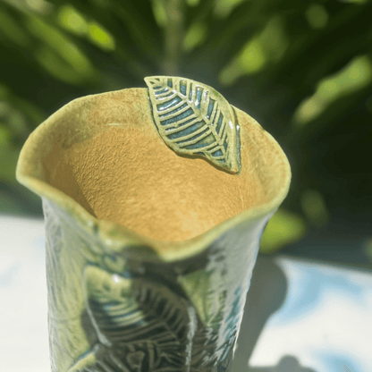 green handmade jungle leaf ceramic vase narrow tall botanical vase